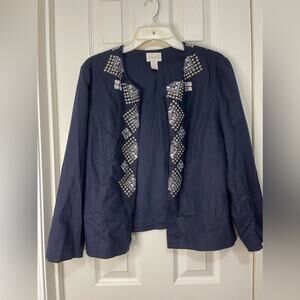 Chico’s Blue Crop Open Front Linen Blend Stud Rhinestone Jacket size Large